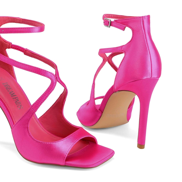 Cross Strappy Stiletto Heels - HOT PINK-SATIN - 6
